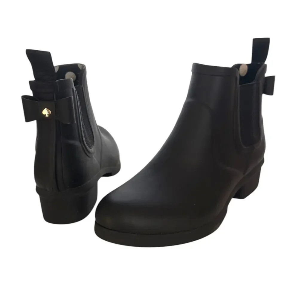 Kate Spade Rain Boot Ankle Chelsea Black Low Block Heel Pull On 6